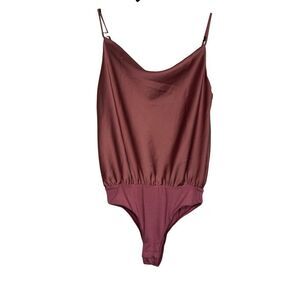 Lulus Bodysuit Womens Small Rusty Rose Emmerson Satin Sleeveless Cowl Neck NWT